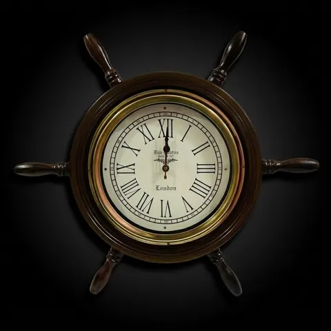 Dark Wood Ship Wheel Wall Clock Brass Clock Face view 1