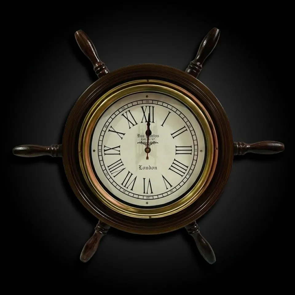 Dark Wood Ship Wheel Wall Clock Brass Clock Face