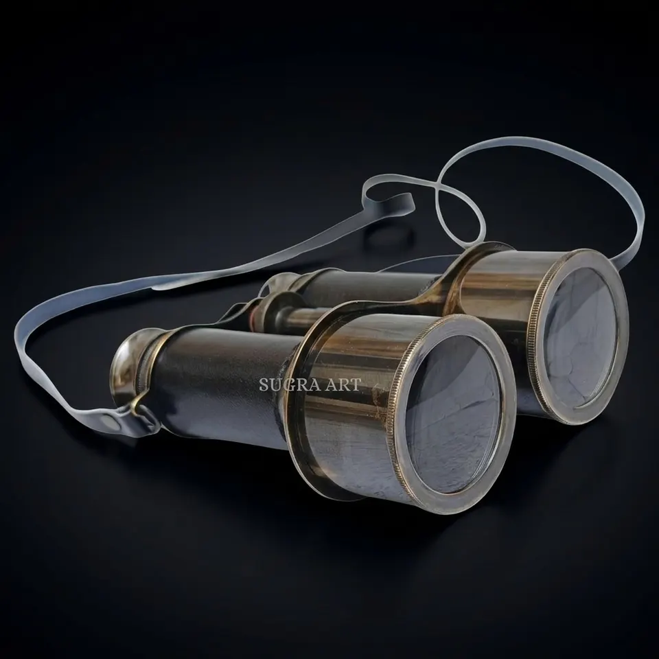 Antique Brass Marine Binocular with Black Leather Wrap and Belt