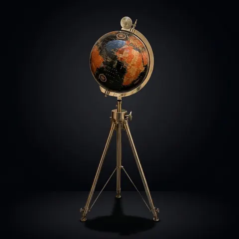 Black Ocean and Dark Brown Land Globe on All-Brass Chrome Tripod Stand view 1