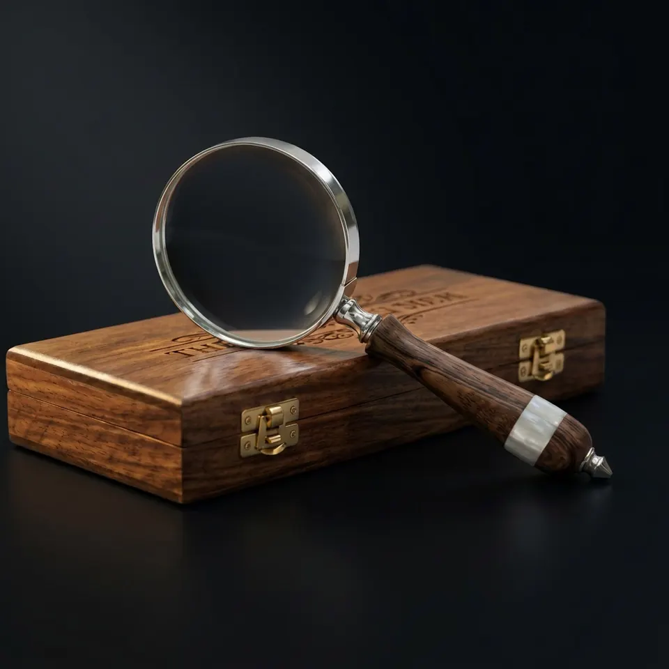 Vintage Brass Handheld Magnifier 3.5" with Wooden Handle and Wooden Box