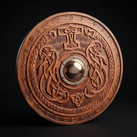 Wooden Carved Shield with Battle Ready Viking Round, Wolf Dragon view 1