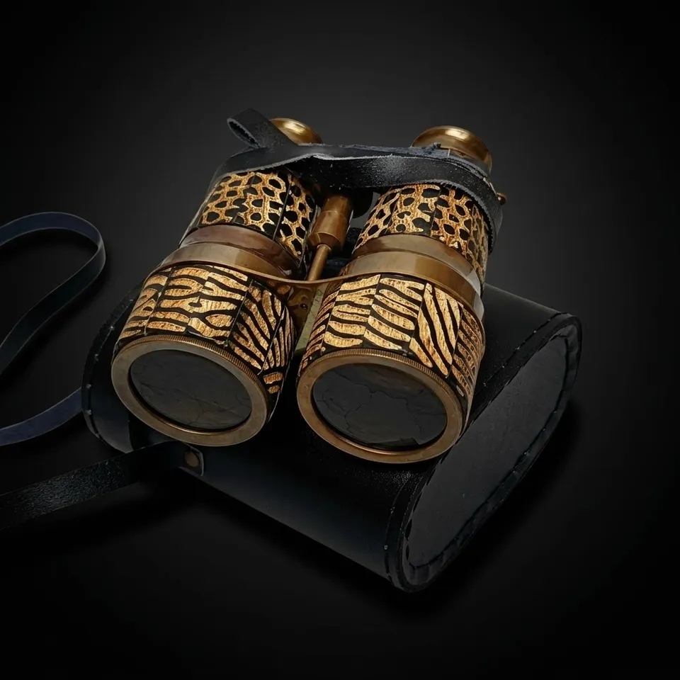 Mother-of-Pearl Brass Binocular with Black Leather Case and Belt