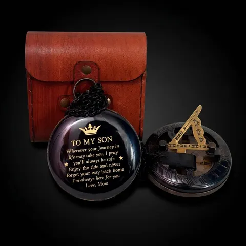 Black Antique Brass Sundial Compass with Red Leather Case view 1