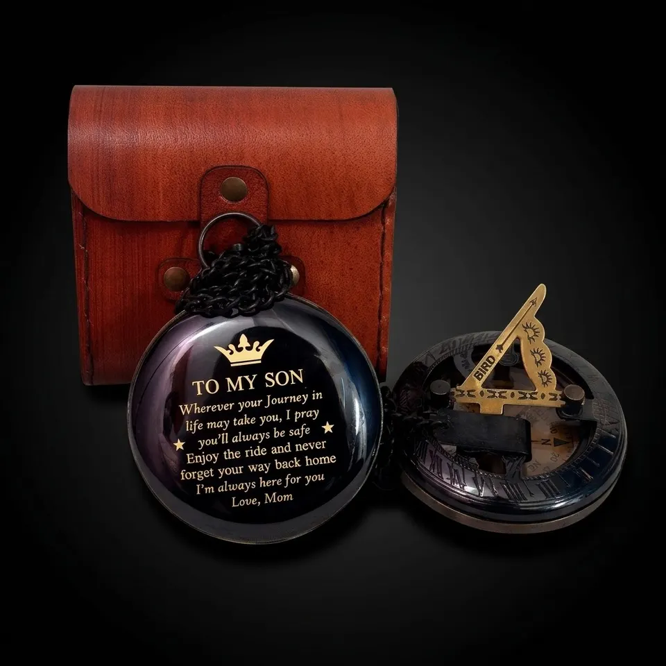 Black Antique Brass Sundial Compass with Red Leather Case