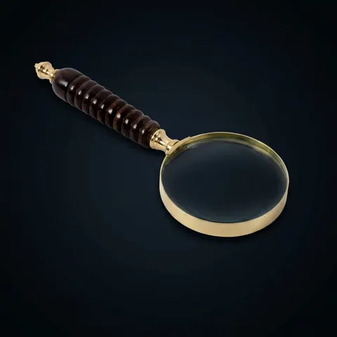 All-Brass Polished Handheld Magnifier 3.5" with Dark Brown Wooden Handle view 1