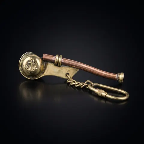 Vintage Brass Boatswain Whistle Keychain view 1