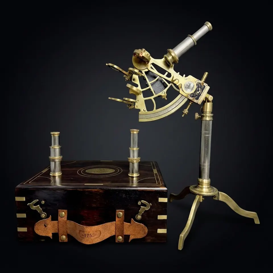 Brass Sextant with Floor Stand and Black Wooden Box