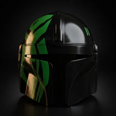 Beskar Steel Mandalorian Helmet — Black and Green view 1
