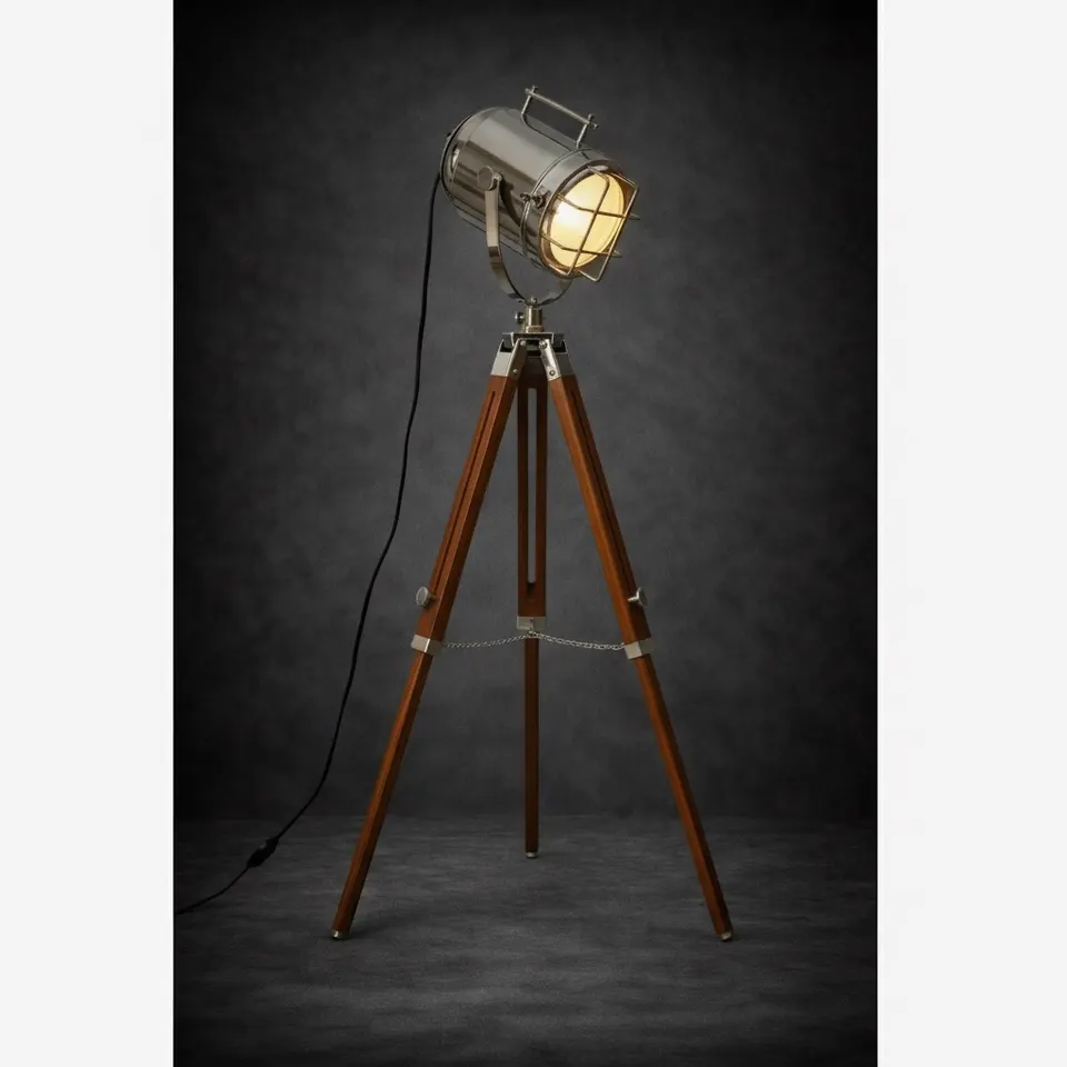 Chrome Spotlight on Wooden Tripod