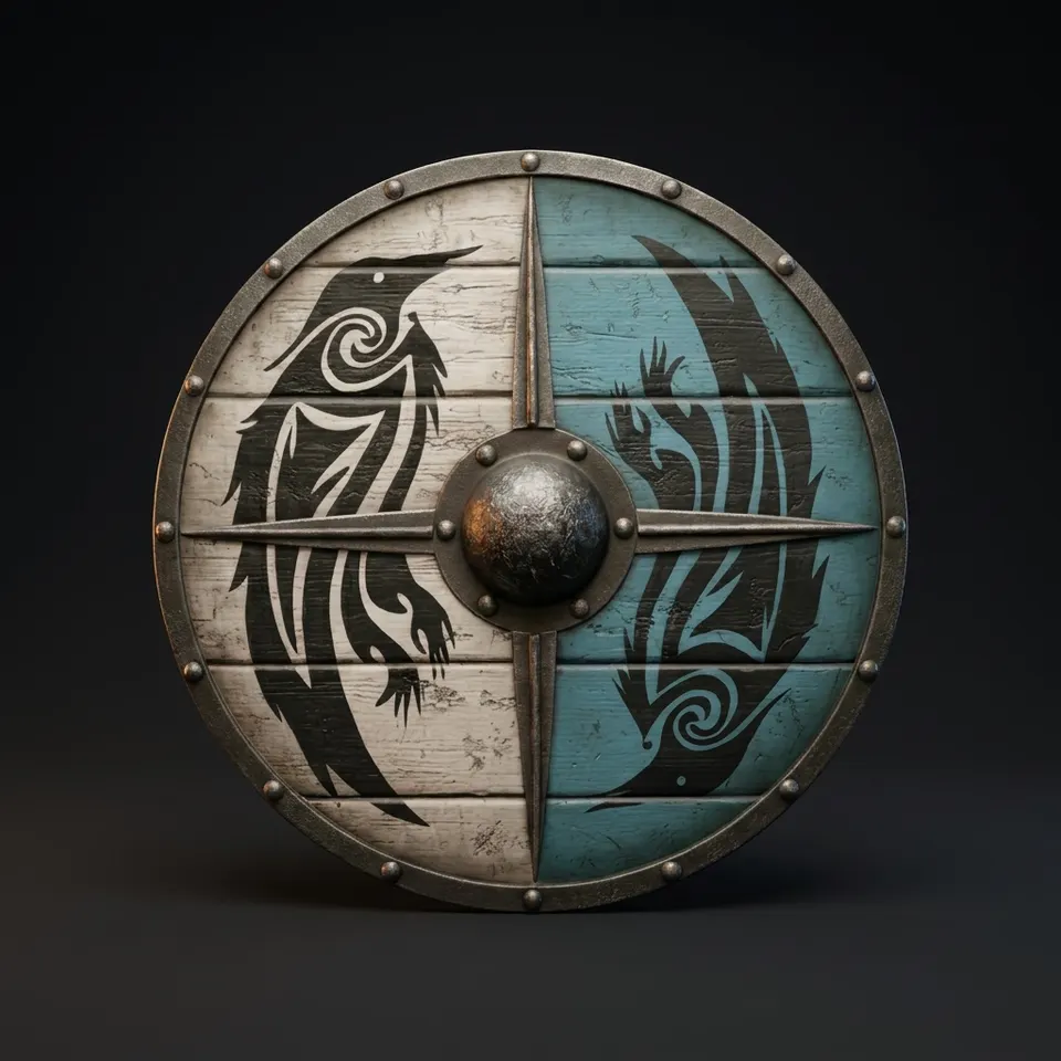 Handcrafted Viking Shield with Blue & White Dragon, Steel Boss