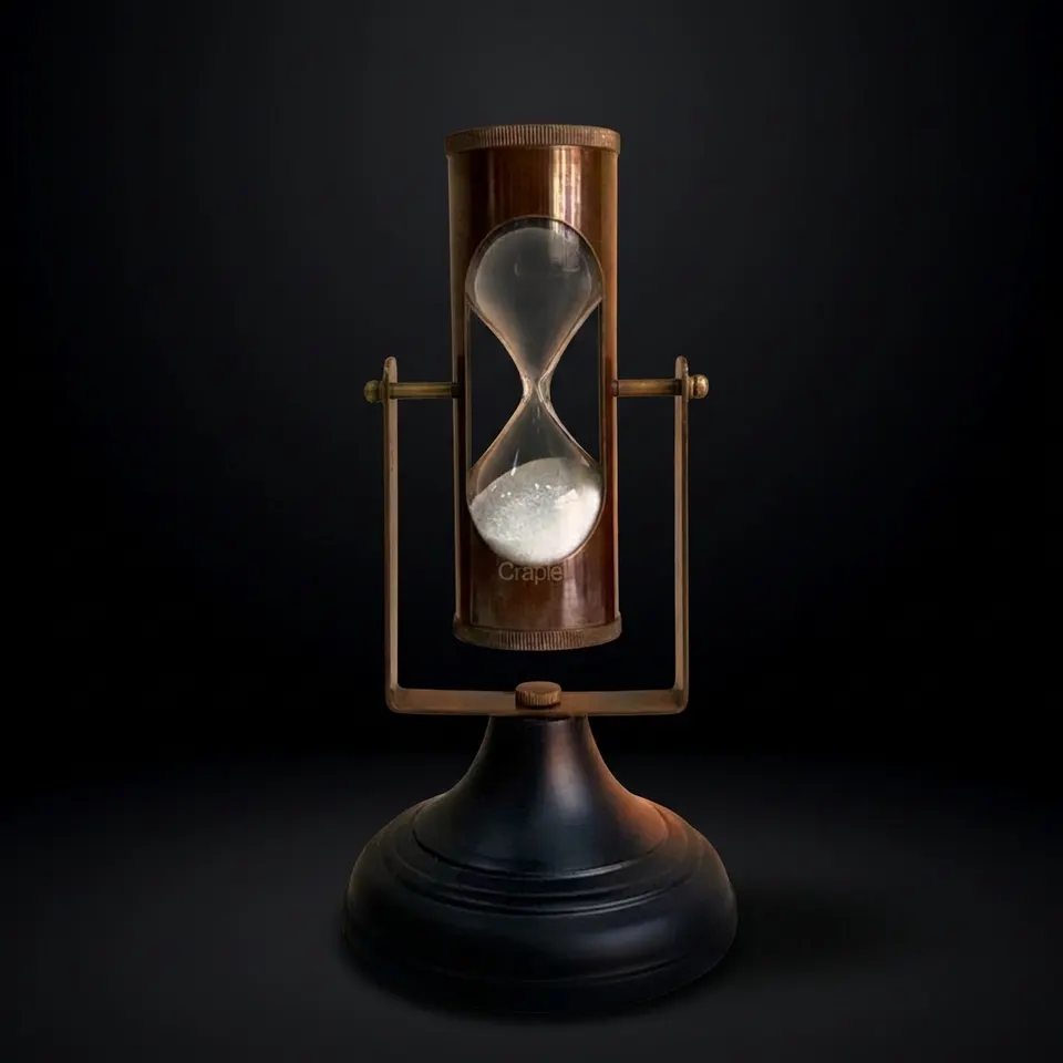 Antique Brass Hourglass with Dual Compasses and Black Wood Base, 3-Minute
