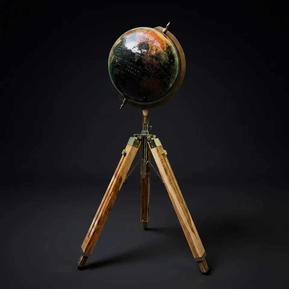 Large Globe with Adjustable Wooden Tripod Stand and Brass Ring, Variant B