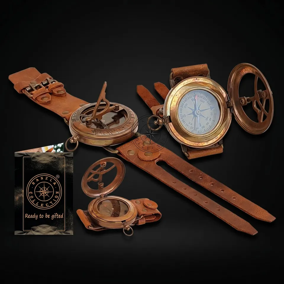 Brass Wrist Sundial Compass with Leather Strap