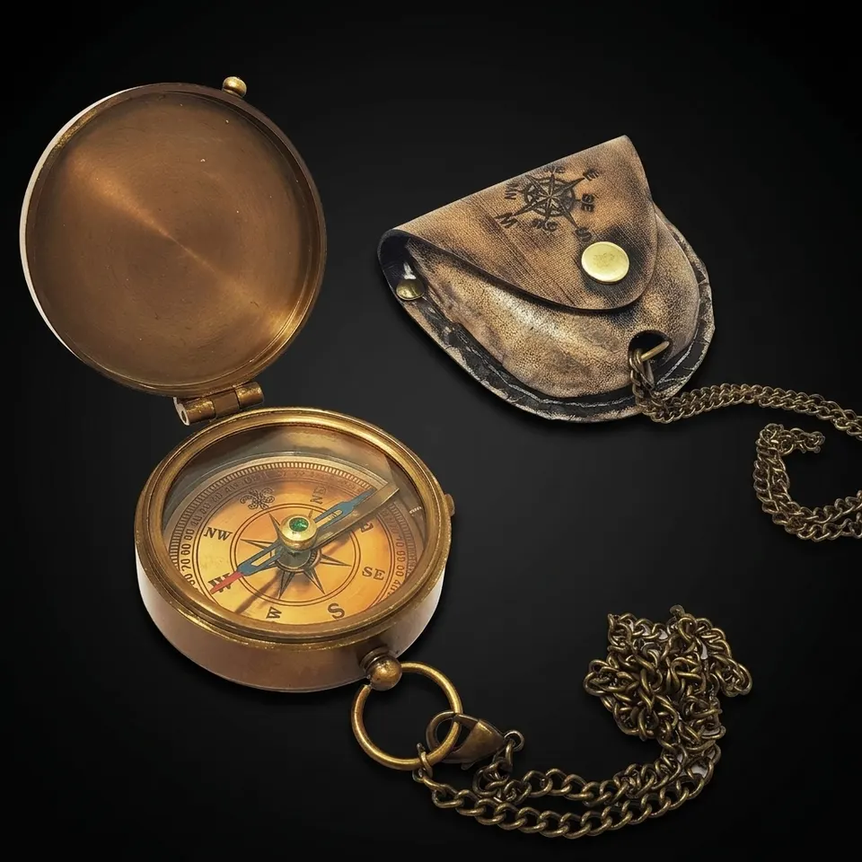 Antique Finish Compass, Leather Case