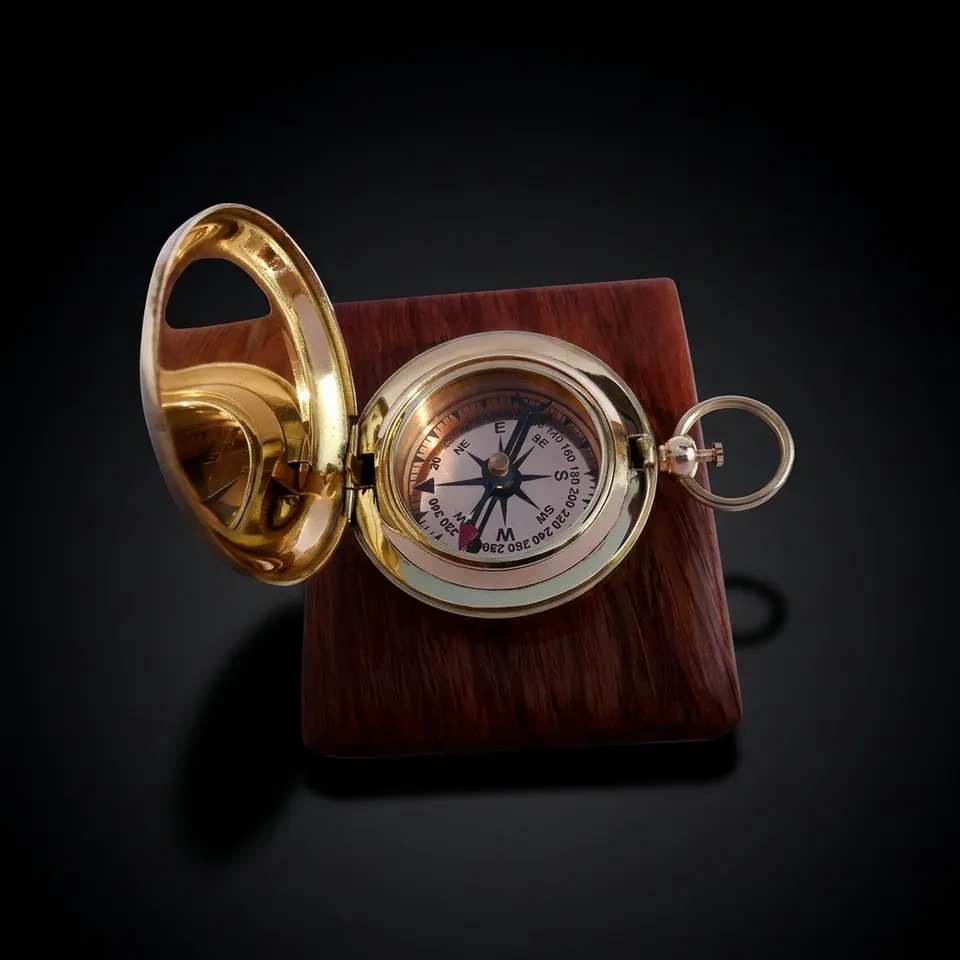 Antique Finish Compass, Wooden Box