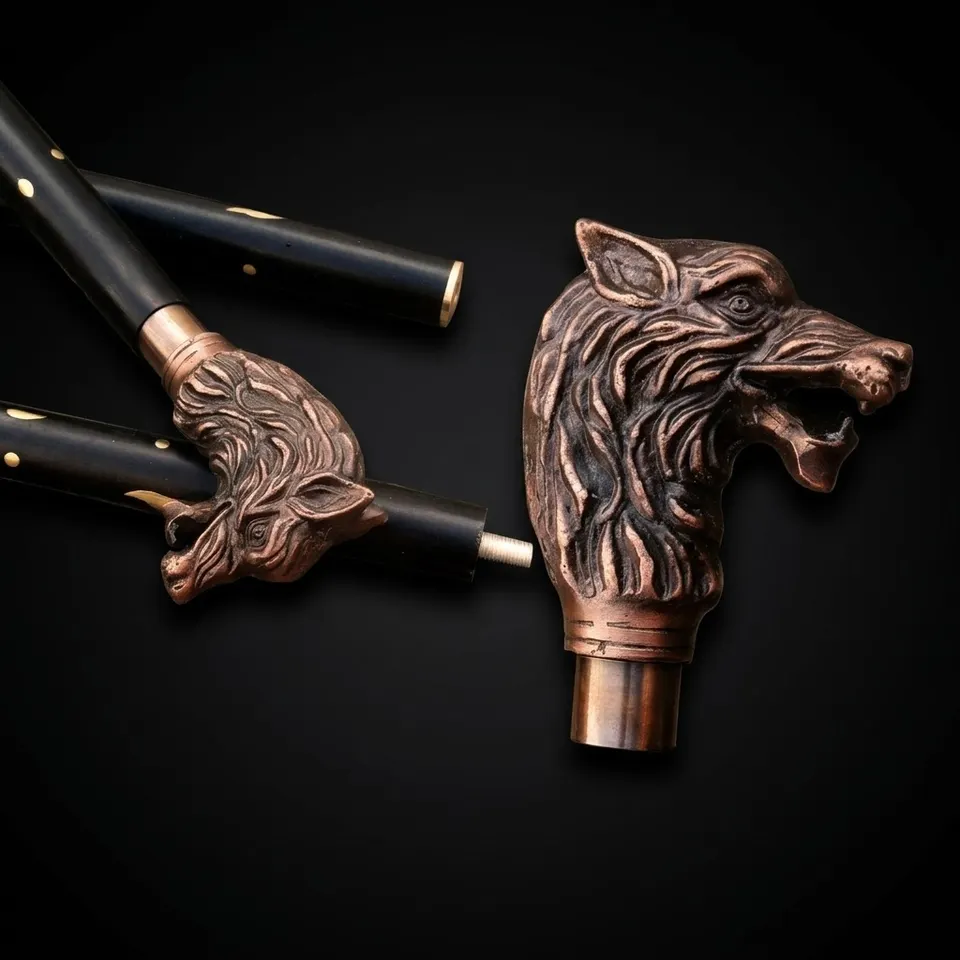 Antique Brass Wolf Head Handle Walking Stick