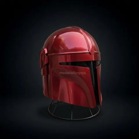Red Sci-Fi Mandalorian Armor Helmet — Futuristic Display view 1