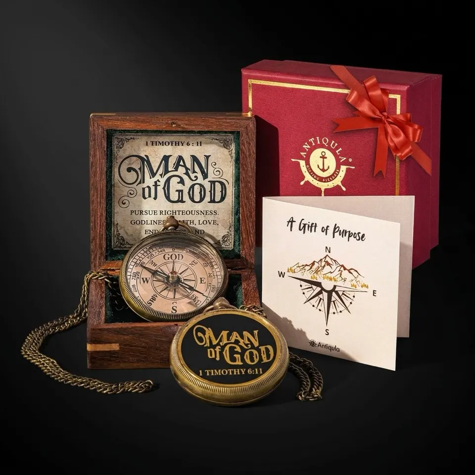 Man of God Compass, Wooden Box & Gift Box