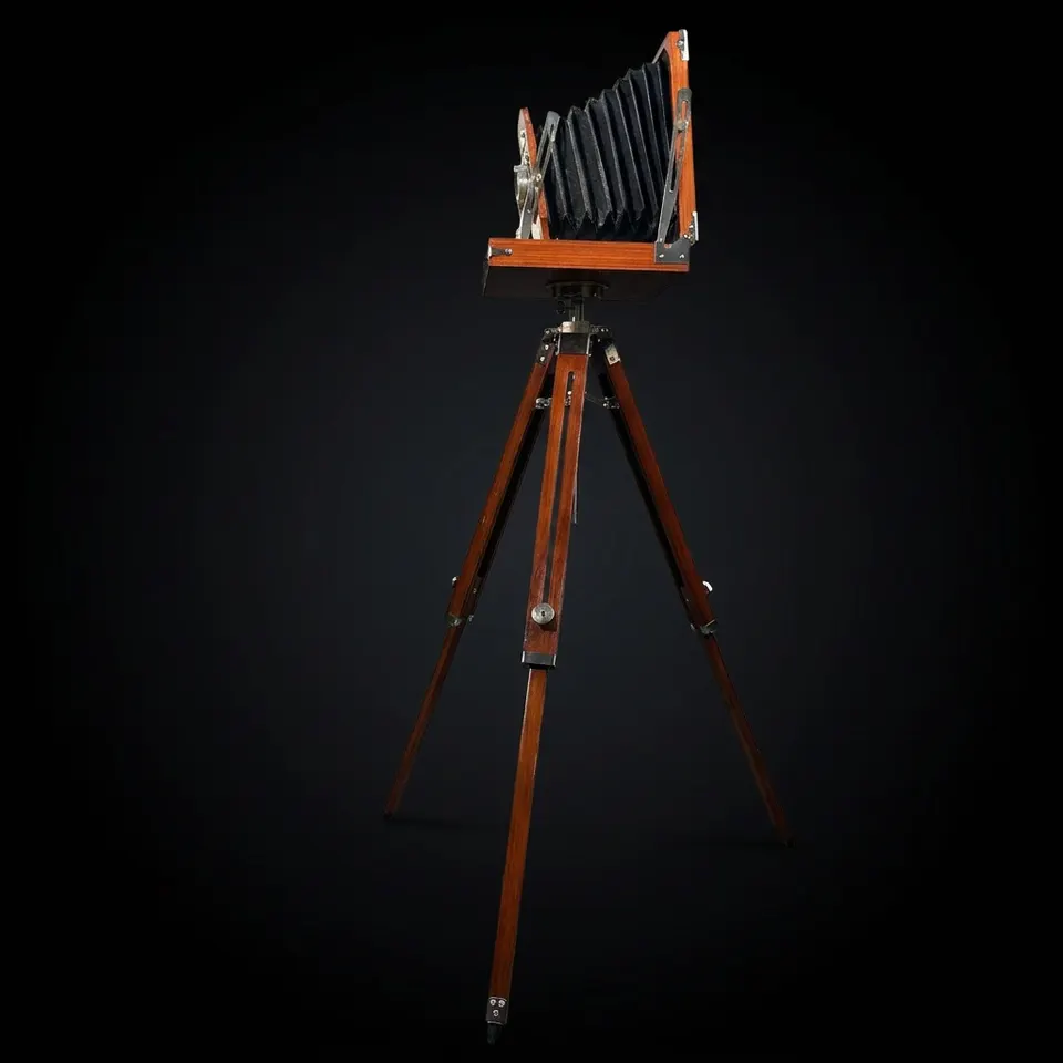 Large Wooden Bellows Camera on Tripod Stand