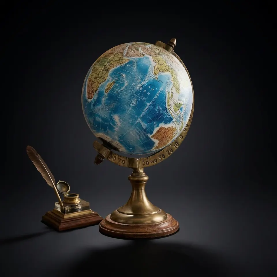 Vintage Antique Brass Globe with Brass Ring and Wooden Base