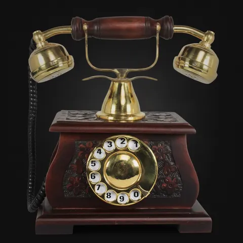 Dark Carved Wood Base Brass Rotary Dial Telephone view 1