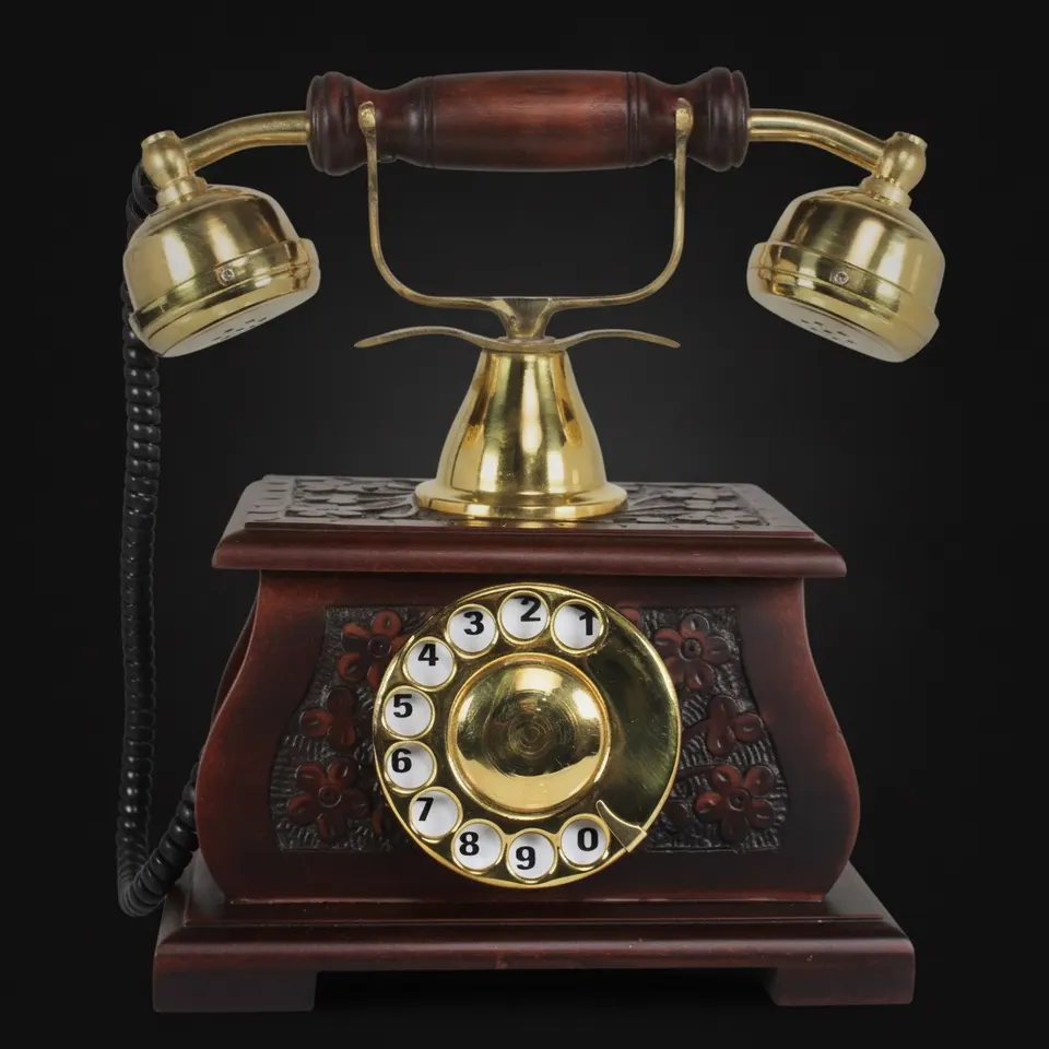 Dark Carved Wood Base Brass Rotary Dial Telephone