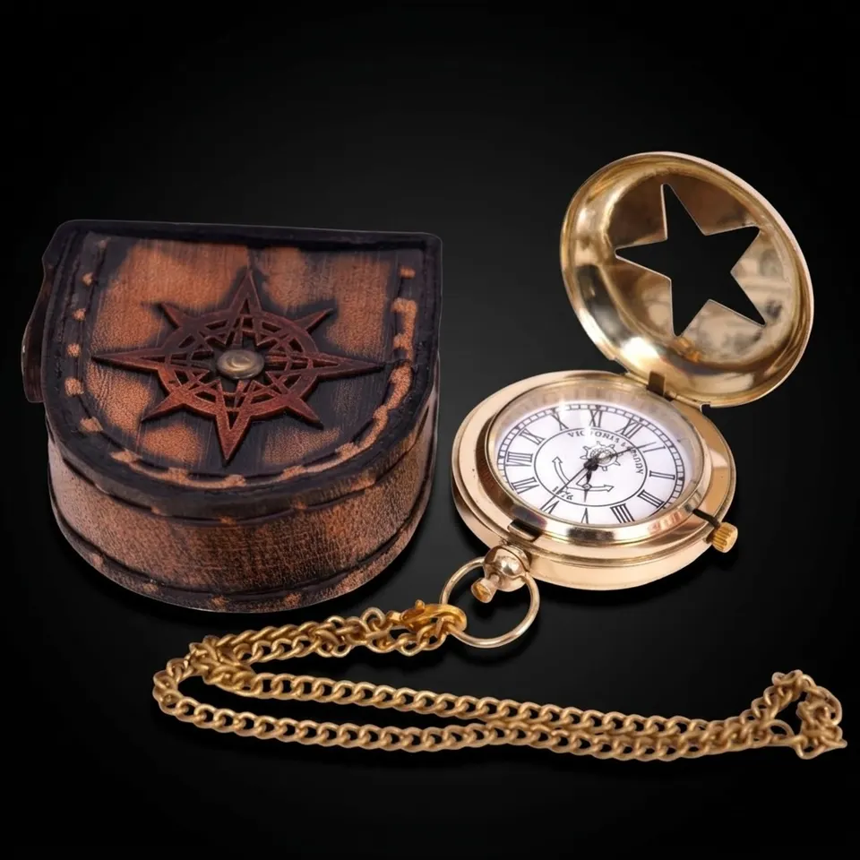 Brass Pocket Watch — Push-Button Leather Case II