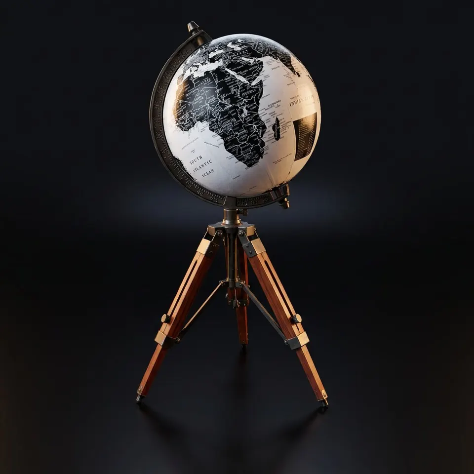 Vintage Globe with Black and White Map on Adjustable Wooden Tripod Stand