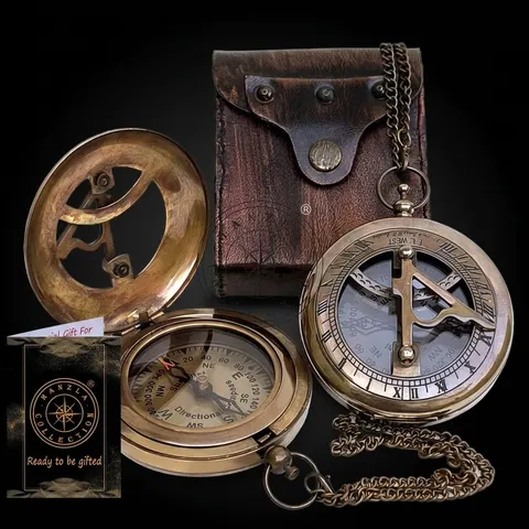 Antique Brass Sundial Compass with Genuine Leather Carry Case view 1