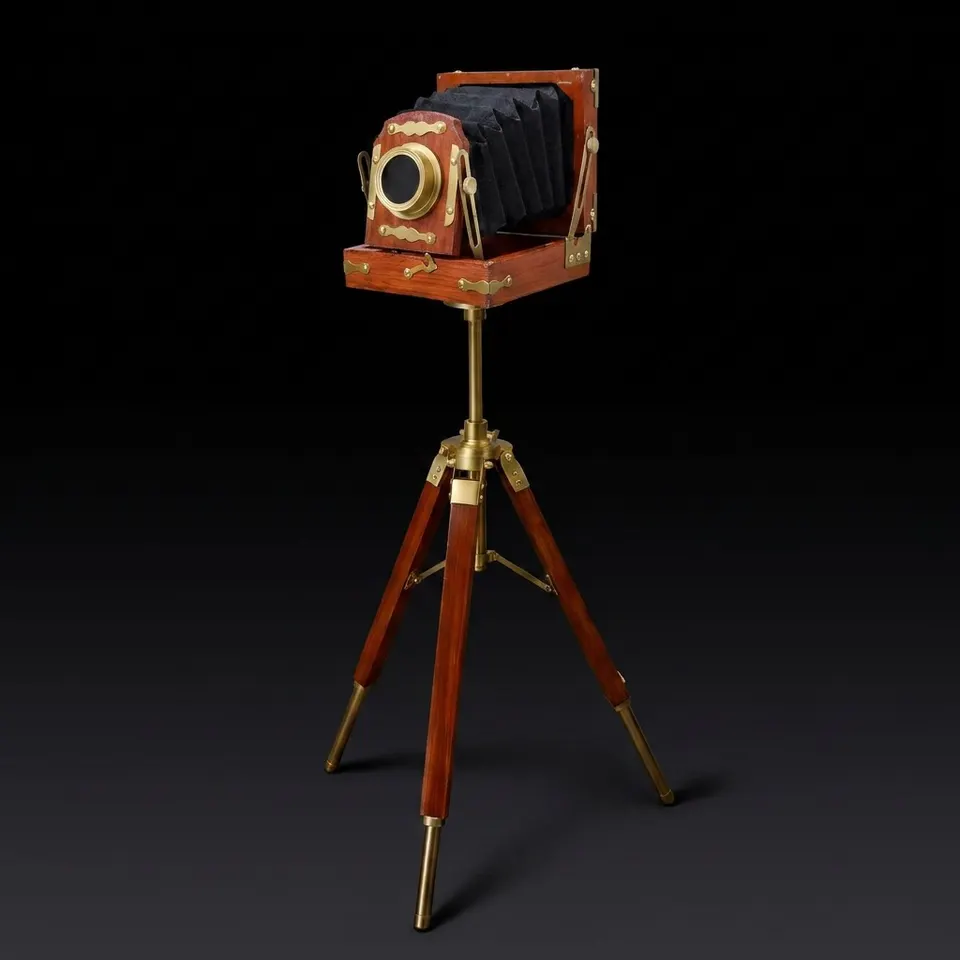 Brass & Wood Camera on Rustic Tripod