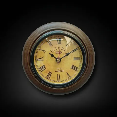 Round Vintage Wall Clock Wooden Finish view 1