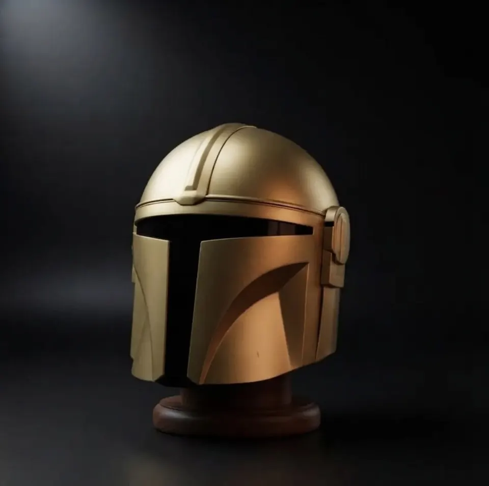 Gold Mandalorian Style Helmet — Bounty Hunter Display