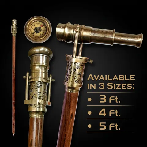 Brass Telescope Compass Handle Rosewood Walking Stick view 1