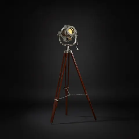 Chrome Spotlight on Wooden Tripod view 1
