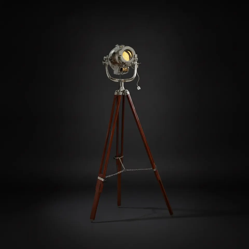 Chrome Spotlight on Wooden Tripod