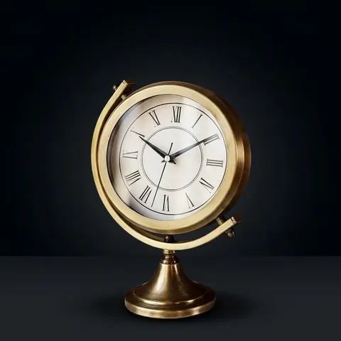 Brass Desk Clock on Twisting Globe Stand view 1