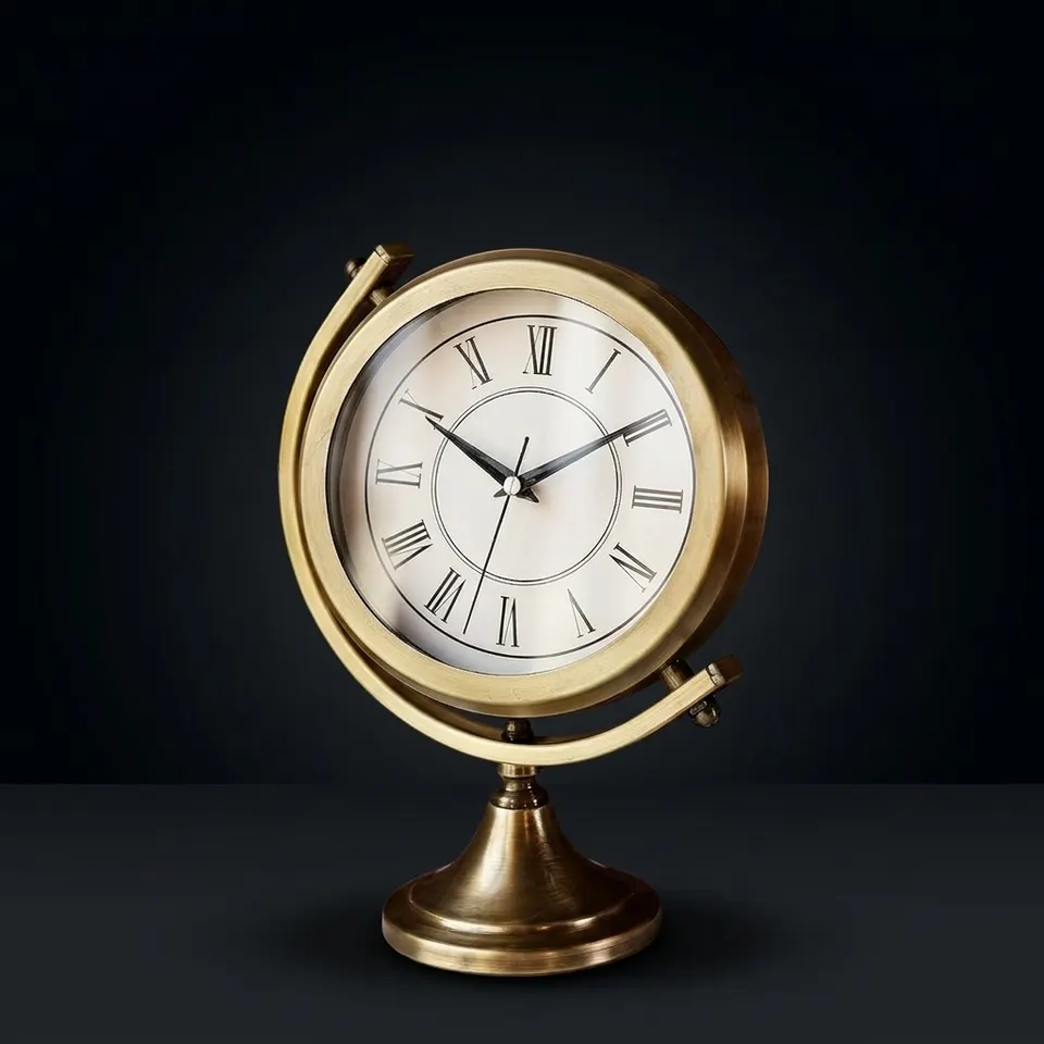 Brass Desk Clock on Twisting Globe Stand