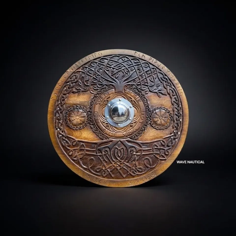Medieval Viking Wooden Round Shield with Classic Norse