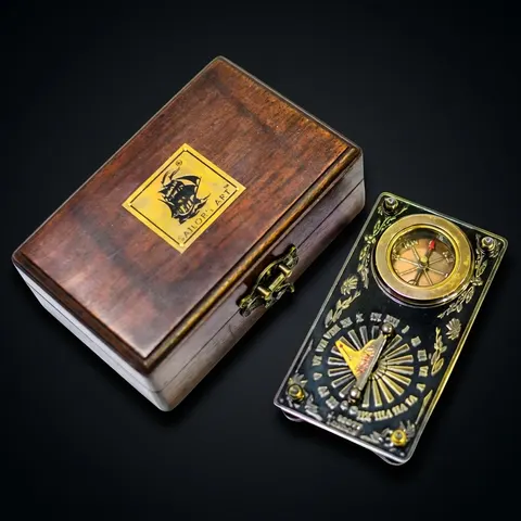 Antique Brass Sundial Compass with Rectangular Rosewood Presentation Box view 1