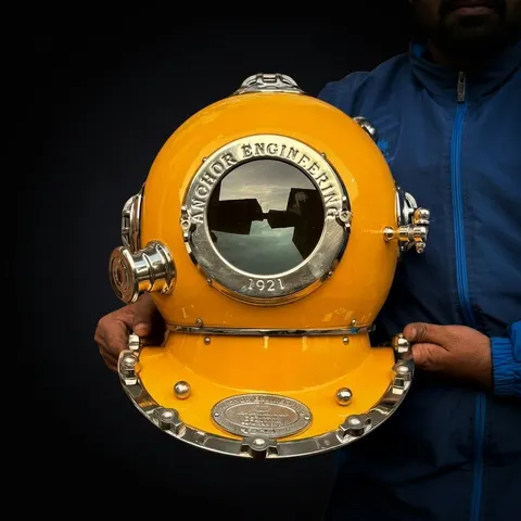 Deep Sea Diving Helmet with Yellow Finish and Black Wooden Base view 1