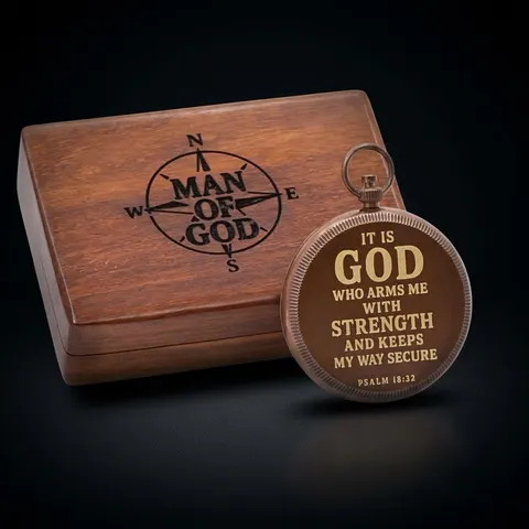 Psalm 18:32 Compass, Wooden Box view 1