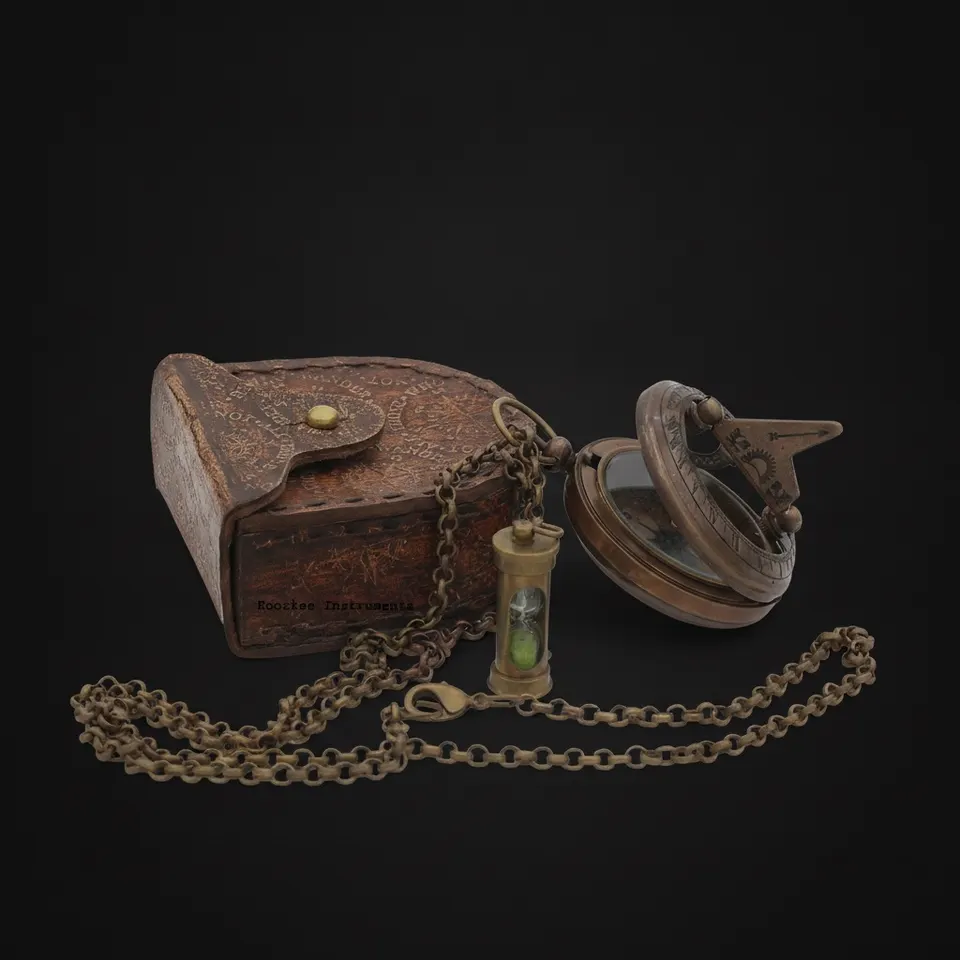Brass Sundial Compass Pendant with Genuine Leather Carry Case