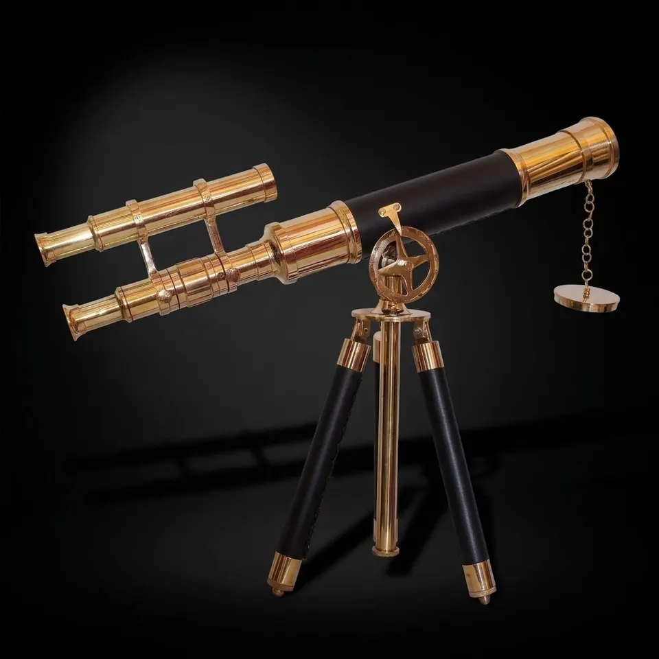 Double Barrel Brass & Leather Floor Standing Telescope 36" with Black Wooden Tripod