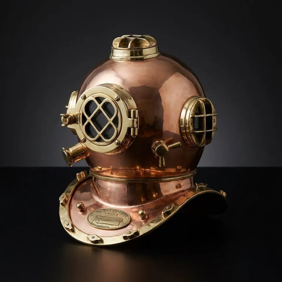 Brass Copper Diving Helmet with Polished Antique Finish and Wooden Base