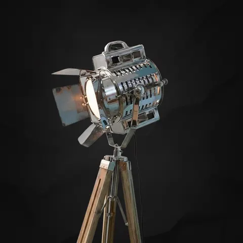 Chrome Spotlight on Teak Wood Tripod view 1