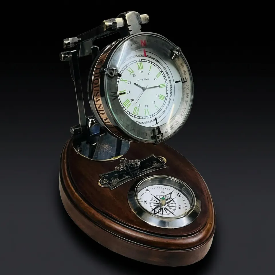 Foldable Brass Desk Clock with Red Leather Case and Working Compass