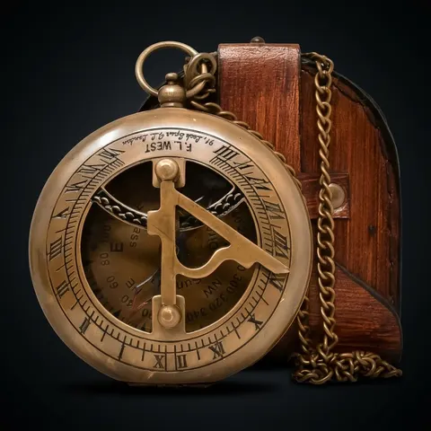 Antique Brass Sundial Compass with Leather Presentation Box view 1