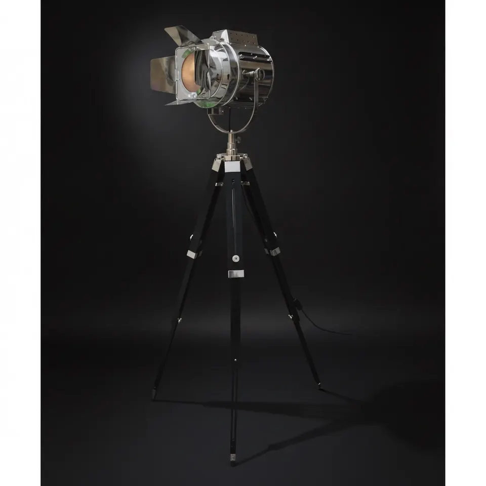 Chrome Spotlight on Black Wooden Tripod