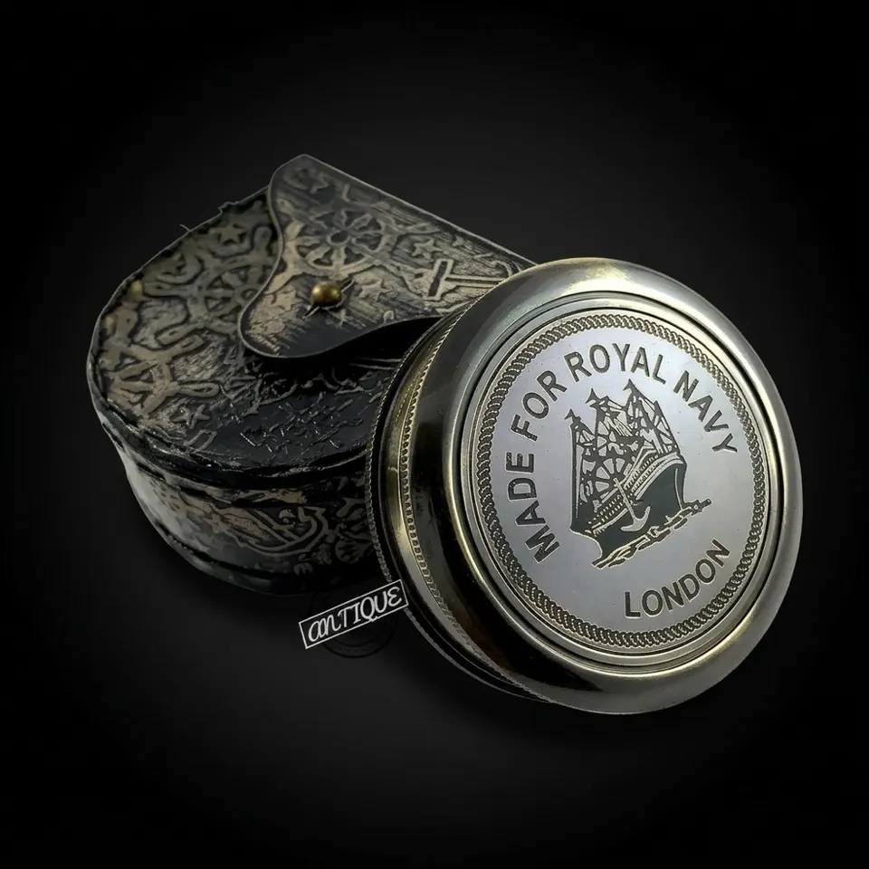 Antique Finish Compass, Leather Case